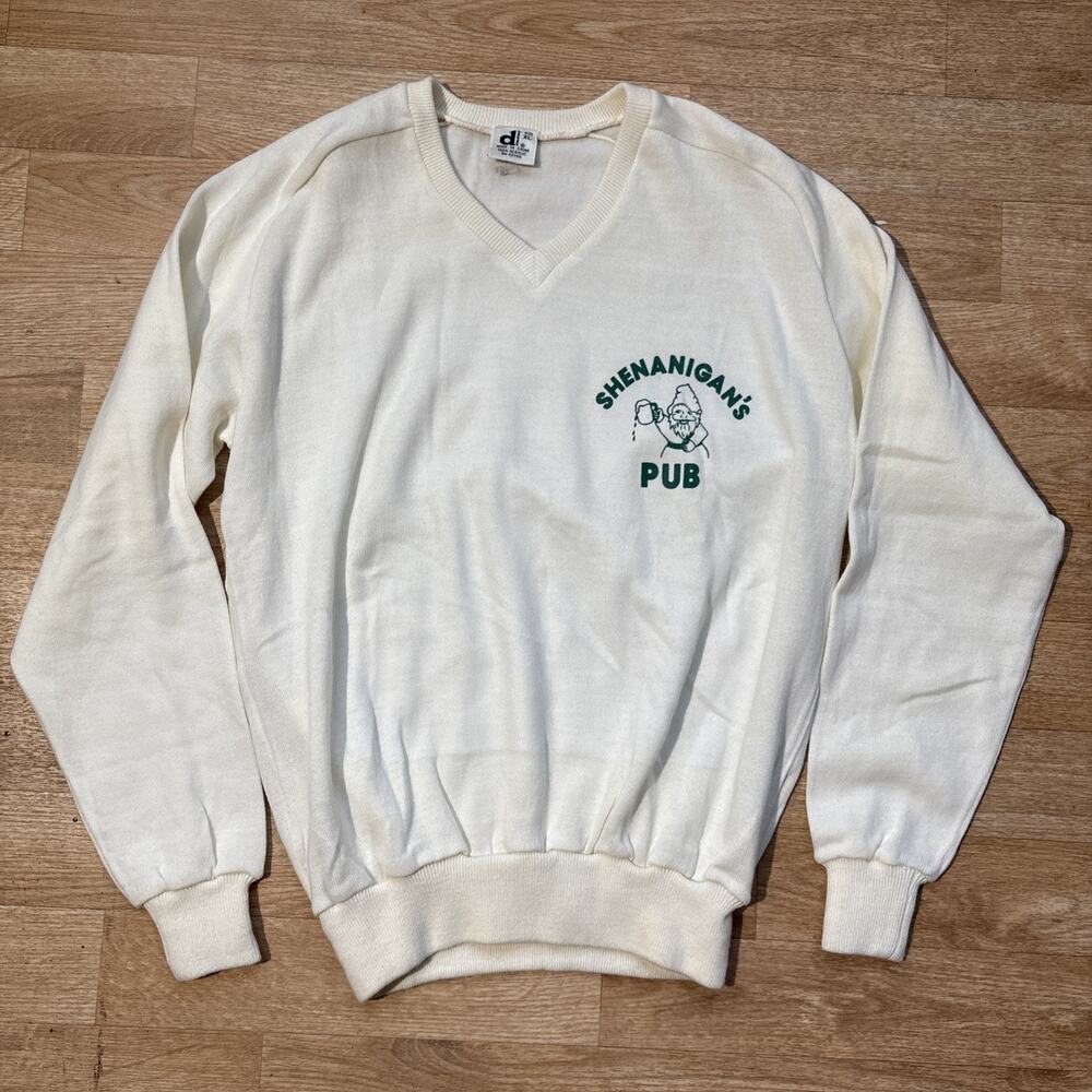 Vintage 70s 80s Shenanigans Pub V Neck Knit Sweater XL Downerwear Acrylic